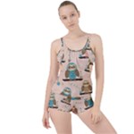 Seamless Pattern Owls Dream Cute Style Pajama Fabric Boyleg Tankini Set 