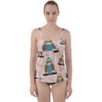 Seamless Pattern Owls Dream Cute Style Pajama Fabric Twist Front Tankini Set