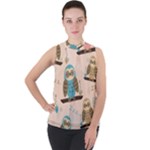 Seamless Pattern Owls Dream Cute Style Pajama Fabric Mock Neck Chiffon Sleeveless Top