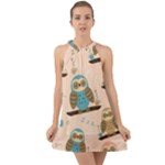 Seamless Pattern Owls Dream Cute Style Pajama Fabric Halter Tie Back Chiffon Dress