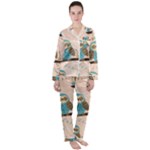 Seamless Pattern Owls Dream Cute Style Pajama Fabric Women s Long Sleeve Satin Pajamas Set	
