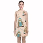 Seamless Pattern Owls Dream Cute Style Pajama Fabric Velvet Halter Neckline Dress 