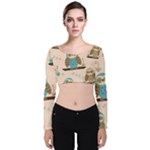 Seamless Pattern Owls Dream Cute Style Pajama Fabric Velvet Long Sleeve Crop Top