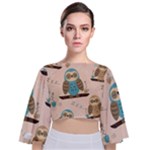 Seamless Pattern Owls Dream Cute Style Pajama Fabric Tie Back Butterfly Sleeve Chiffon Top