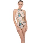 Seamless Pattern Owls Dream Cute Style Pajama Fabric Halter Side Cut Swimsuit
