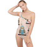Seamless Pattern Owls Dream Cute Style Pajama Fabric Frilly One Shoulder Swimsuit