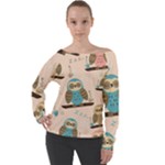 Seamless Pattern Owls Dream Cute Style Pajama Fabric Off Shoulder Long Sleeve Velour Top