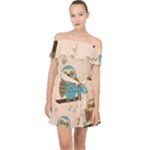 Seamless Pattern Owls Dream Cute Style Pajama Fabric Off Shoulder Chiffon Dress