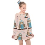 Seamless Pattern Owls Dream Cute Style Pajama Fabric Kids  Long Sleeve Dress
