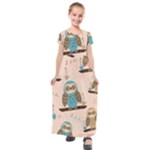 Seamless Pattern Owls Dream Cute Style Pajama Fabric Kids  Short Sleeve Maxi Dress