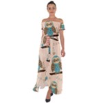 Seamless Pattern Owls Dream Cute Style Pajama Fabric Off Shoulder Open Front Chiffon Dress