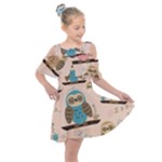 Seamless Pattern Owls Dream Cute Style Pajama Fabric Kids  Shoulder Cutout Chiffon Dress