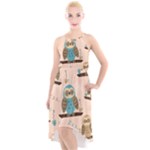 Seamless Pattern Owls Dream Cute Style Pajama Fabric High-Low Halter Chiffon Dress 