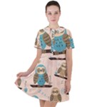 Seamless Pattern Owls Dream Cute Style Pajama Fabric Short Sleeve Shoulder Cut Out Dress 