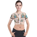 Seamless Pattern Owls Dream Cute Style Pajama Fabric Short Sleeve Cropped Jacket