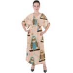 Seamless Pattern Owls Dream Cute Style Pajama Fabric V-Neck Boho Style Maxi Dress