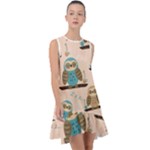 Seamless Pattern Owls Dream Cute Style Pajama Fabric Frill Swing Dress
