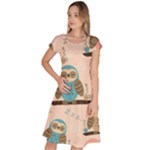 Seamless Pattern Owls Dream Cute Style Pajama Fabric Classic Short Sleeve Dress