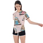 Seamless Pattern Owls Dream Cute Style Pajama Fabric Asymmetrical Short Sleeve Sports T-Shirt