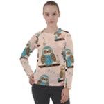 Seamless Pattern Owls Dream Cute Style Pajama Fabric Women s Long Sleeve Raglan T-Shirt