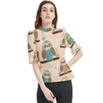Seamless Pattern Owls Dream Cute Style Pajama Fabric Frill Neck Blouse