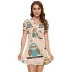 Seamless Pattern Owls Dream Cute Style Pajama Fabric V-Neck High Waist Chiffon Mini Dress