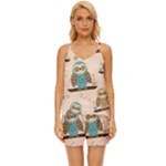 Seamless Pattern Owls Dream Cute Style Pajama Fabric V-Neck Satin Pajamas Set