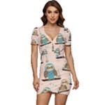 Seamless Pattern Owls Dream Cute Style Pajama Fabric Low Cut Cap Sleeve Mini Dress