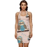 Seamless Pattern Owls Dream Cute Style Pajama Fabric Sleeveless Wide Square Neckline Ruched Bodycon Dress