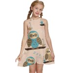 Seamless Pattern Owls Dream Cute Style Pajama Fabric Kids  Halter Collar Waist Tie Chiffon Dress