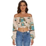 Seamless Pattern Owls Dream Cute Style Pajama Fabric Long Sleeve Crinkled Weave Crop Top