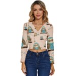 Seamless Pattern Owls Dream Cute Style Pajama Fabric Long Sleeve V-Neck Top