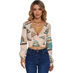 Seamless Pattern Owls Dream Cute Style Pajama Fabric Long Sleeve Deep-V Velour Top