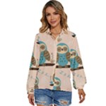 Seamless Pattern Owls Dream Cute Style Pajama Fabric Women s Long Sleeve Button Up Shirt