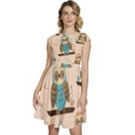 Seamless Pattern Owls Dream Cute Style Pajama Fabric Cap Sleeve High Waist Dress