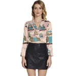 Seamless Pattern Owls Dream Cute Style Pajama Fabric Long Sleeve Tie Back Satin Wrap Top