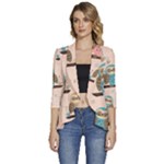 Seamless Pattern Owls Dream Cute Style Pajama Fabric Women s 3/4 Sleeve Ruffle Edge Open Front Jacket