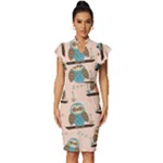Seamless Pattern Owls Dream Cute Style Pajama Fabric Vintage Frill Sleeve V-Neck Bodycon Dress