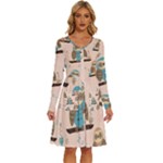 Seamless Pattern Owls Dream Cute Style Pajama Fabric Long Sleeve Dress With Pocket