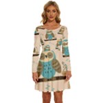 Seamless Pattern Owls Dream Cute Style Pajama Fabric Long Sleeve Wide Neck Velvet Dress