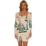Seamless Pattern Owls Dream Cute Style Pajama Fabric Long Sleeve Square Neck Bodycon Velvet Dress