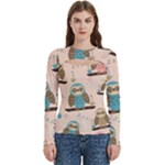 Seamless Pattern Owls Dream Cute Style Pajama Fabric Women s Cut Out Long Sleeve T-Shirt