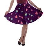 Colorful Stars Hearts Seamless Vector Pattern A-line Skater Skirt