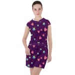 Colorful Stars Hearts Seamless Vector Pattern Drawstring Hooded Dress