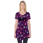 Colorful Stars Hearts Seamless Vector Pattern Short Sleeve Tunic 