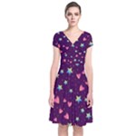 Colorful Stars Hearts Seamless Vector Pattern Short Sleeve Front Wrap Dress