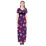 Colorful Stars Hearts Seamless Vector Pattern Short Sleeve Maxi Dress