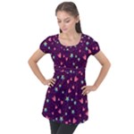 Colorful Stars Hearts Seamless Vector Pattern Puff Sleeve Tunic Top