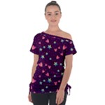 Colorful Stars Hearts Seamless Vector Pattern Off Shoulder Tie-Up T-Shirt