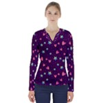 Colorful Stars Hearts Seamless Vector Pattern V-Neck Long Sleeve Top